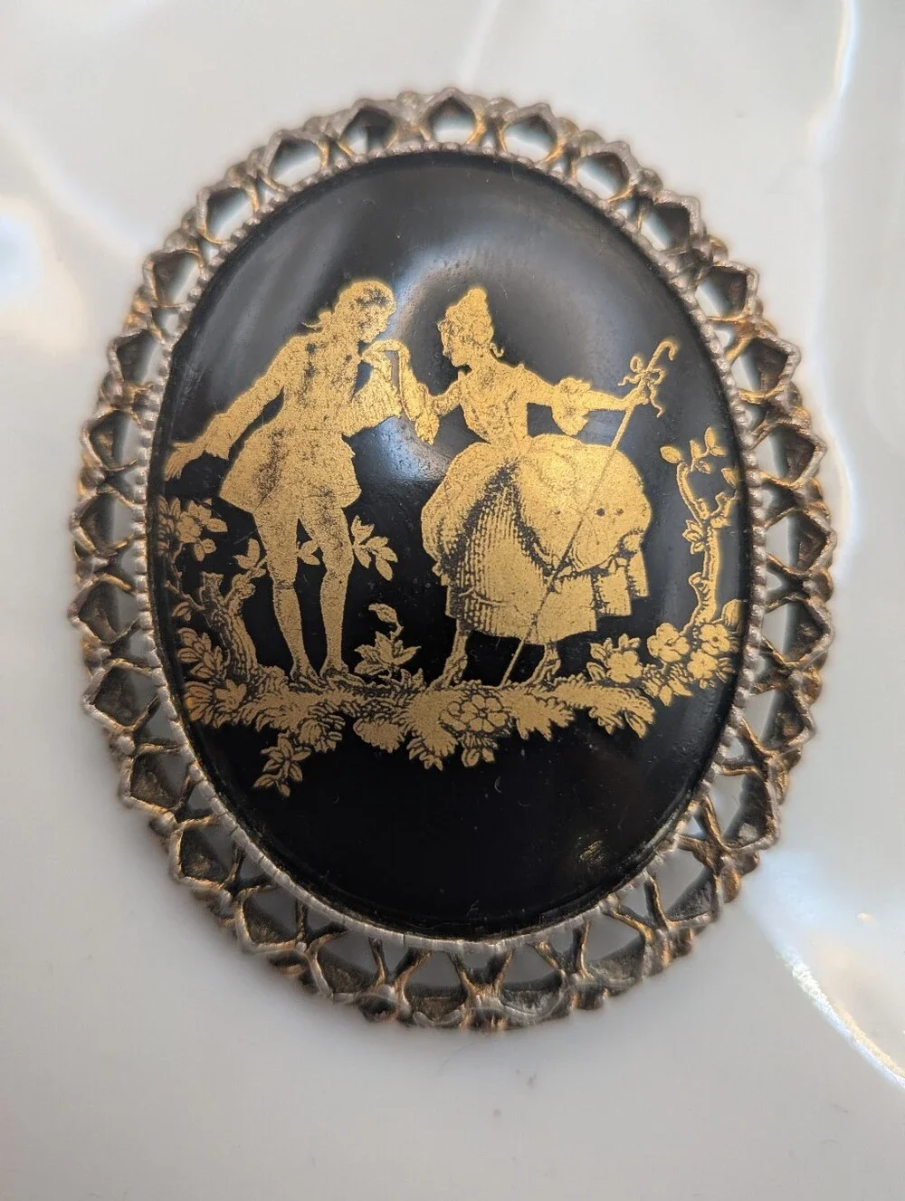Vintage Victorian Black and Gold Romantic Silhouette Brooch Convertible Pendant